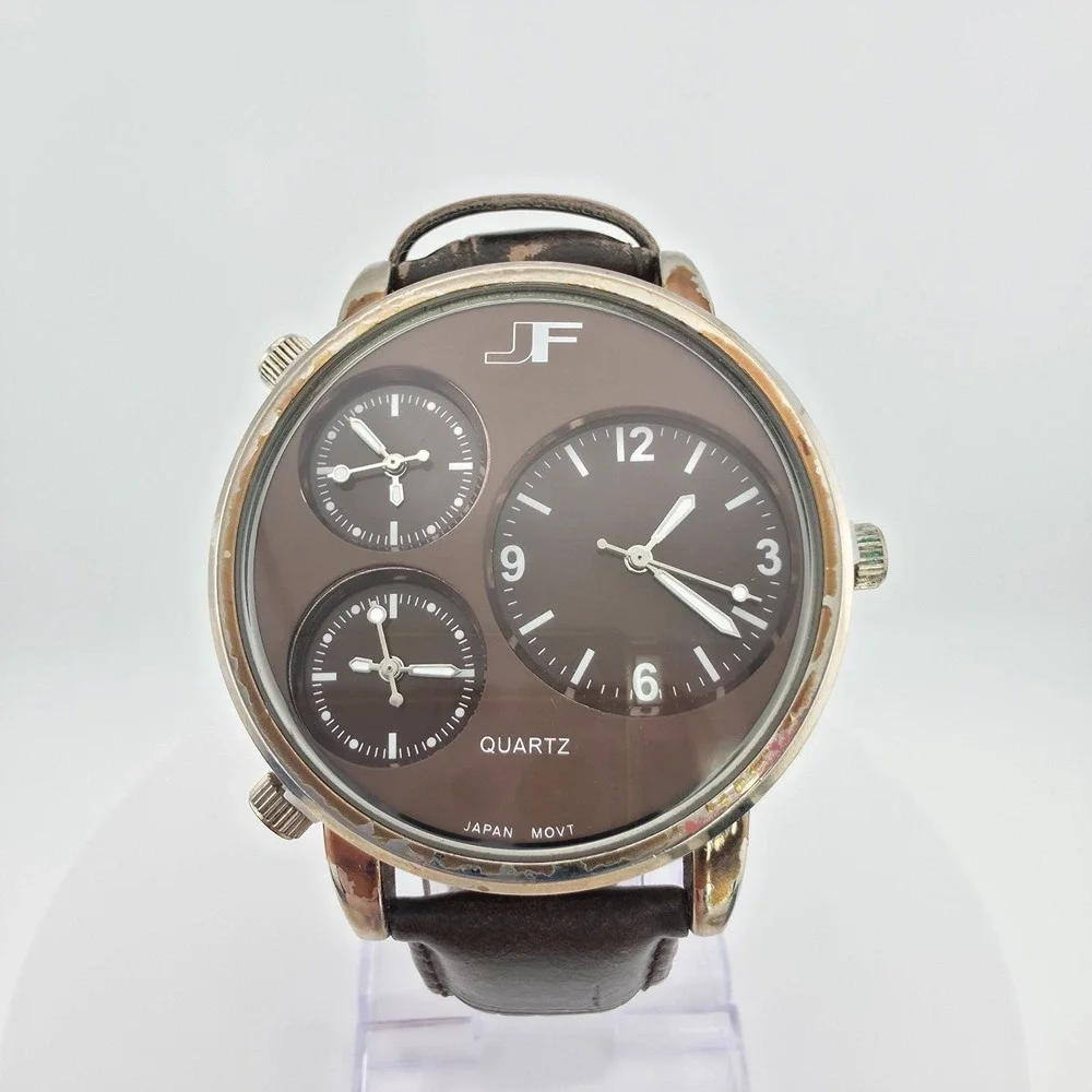 J. FERRAR Men's Quartz Watch Japanese Movement 3 Timezone Subdials Leather Strap